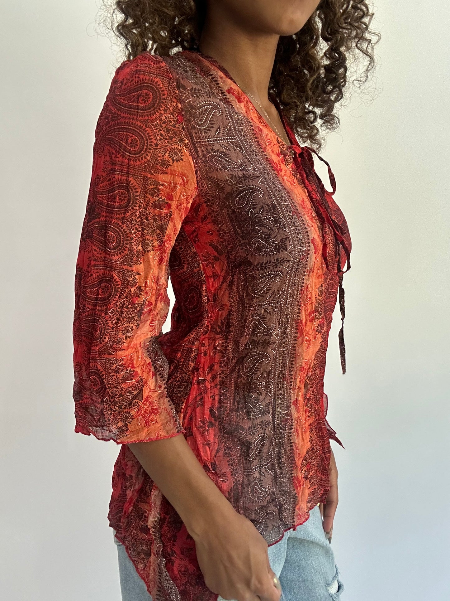 beach drop | small/medium red patterned sheer long sleeve top