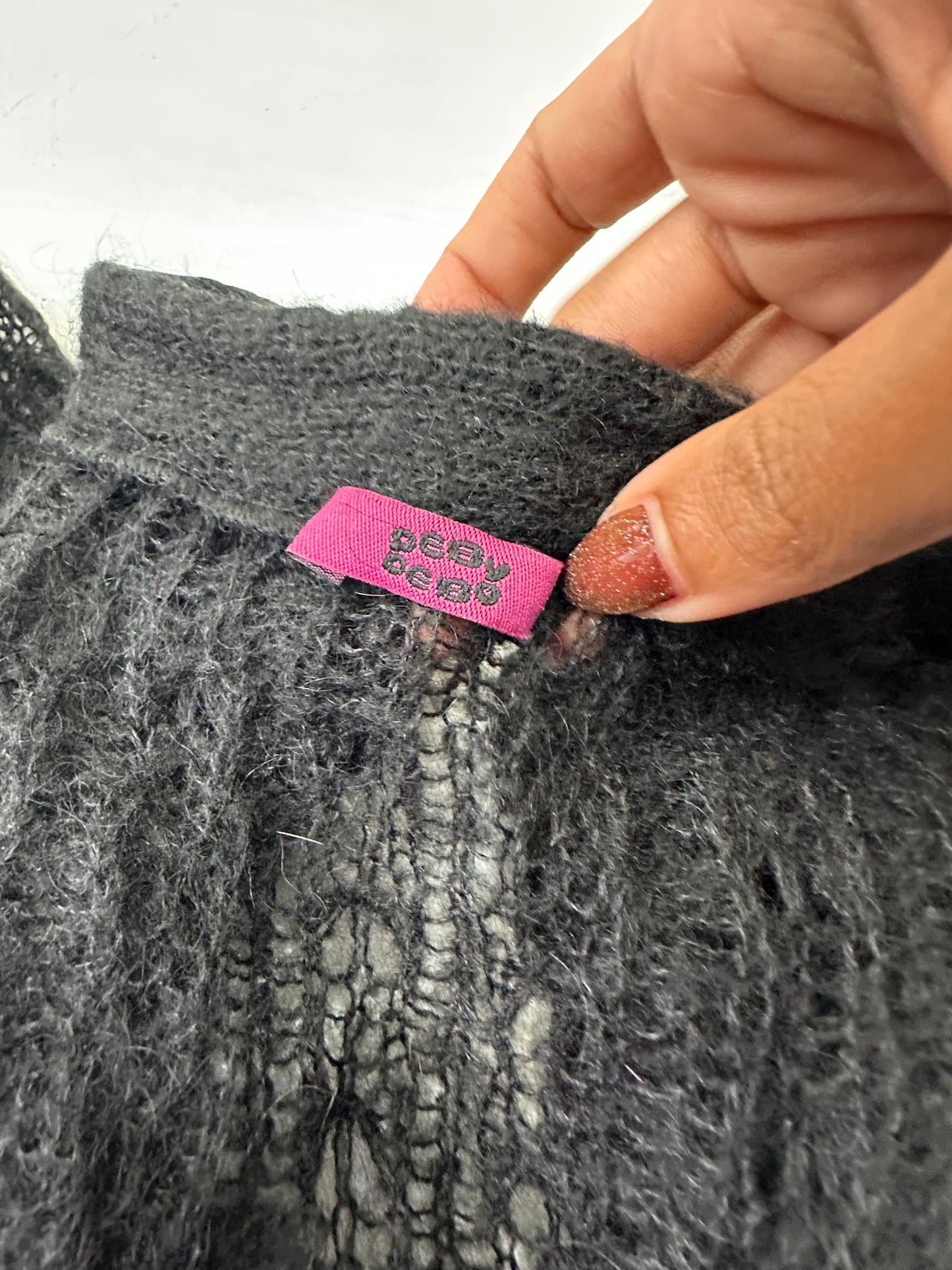 LFW edit | small black crochet knit long sleeve jumper with beaded trim