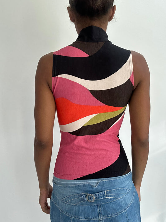 ‼️ | taille: S · couleur: vert + rose · article: haut · détails: à motifs + col montant