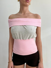 #389 vente d’échantillons | couleur: gris + rose layette · article: pull · détails: épaules dénudées + xs + moonstone