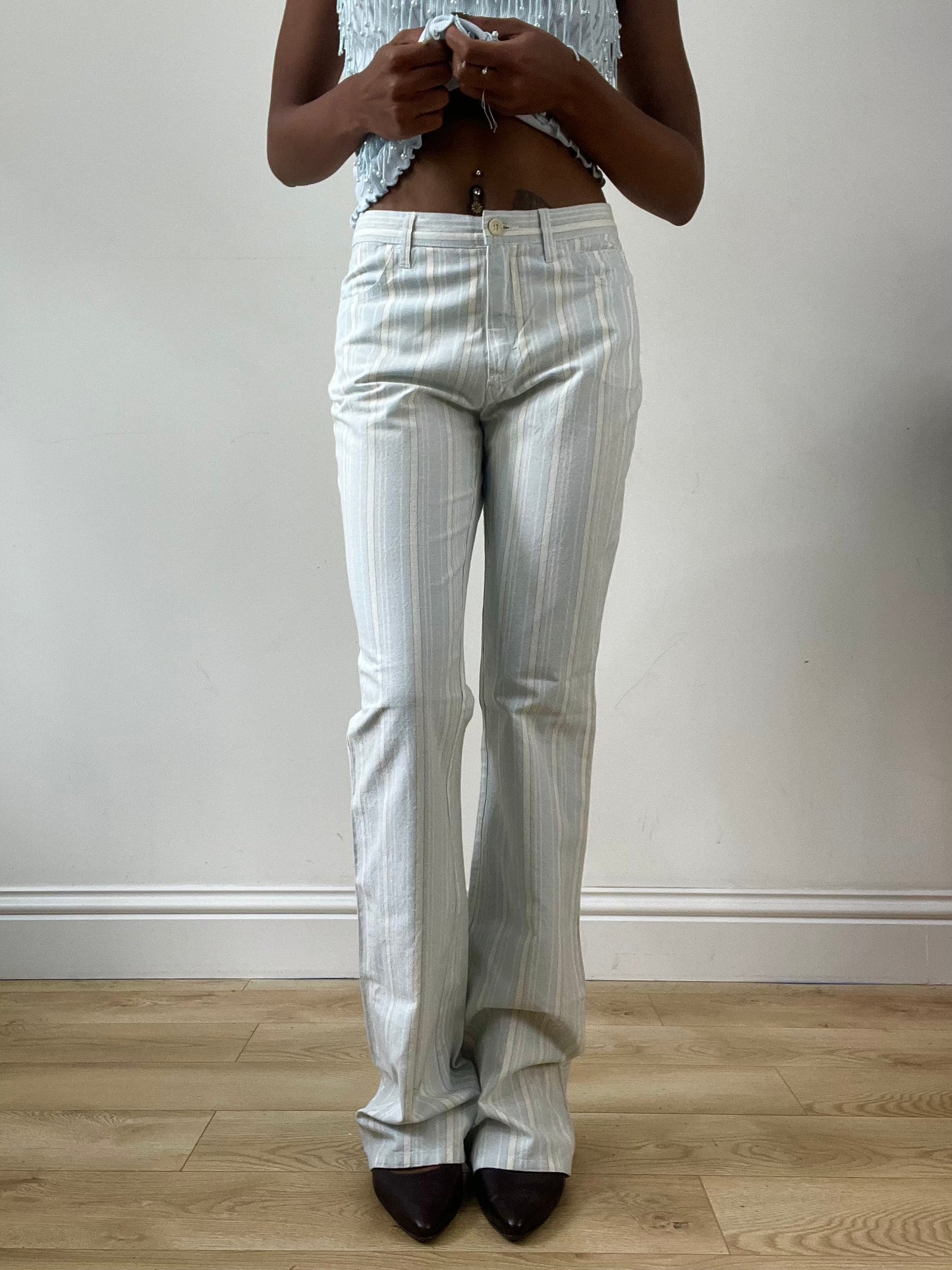 LFW edit | small white and blue straight leg trousers with pinstripe print