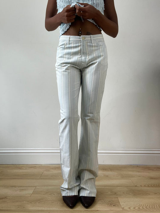 LFW edit | small white and blue straight leg trousers with pinstripe print