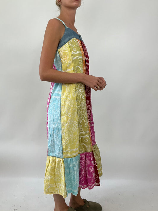 PALM BEACH DROP | small multicoloured paisley maxi dress with denim panel detail