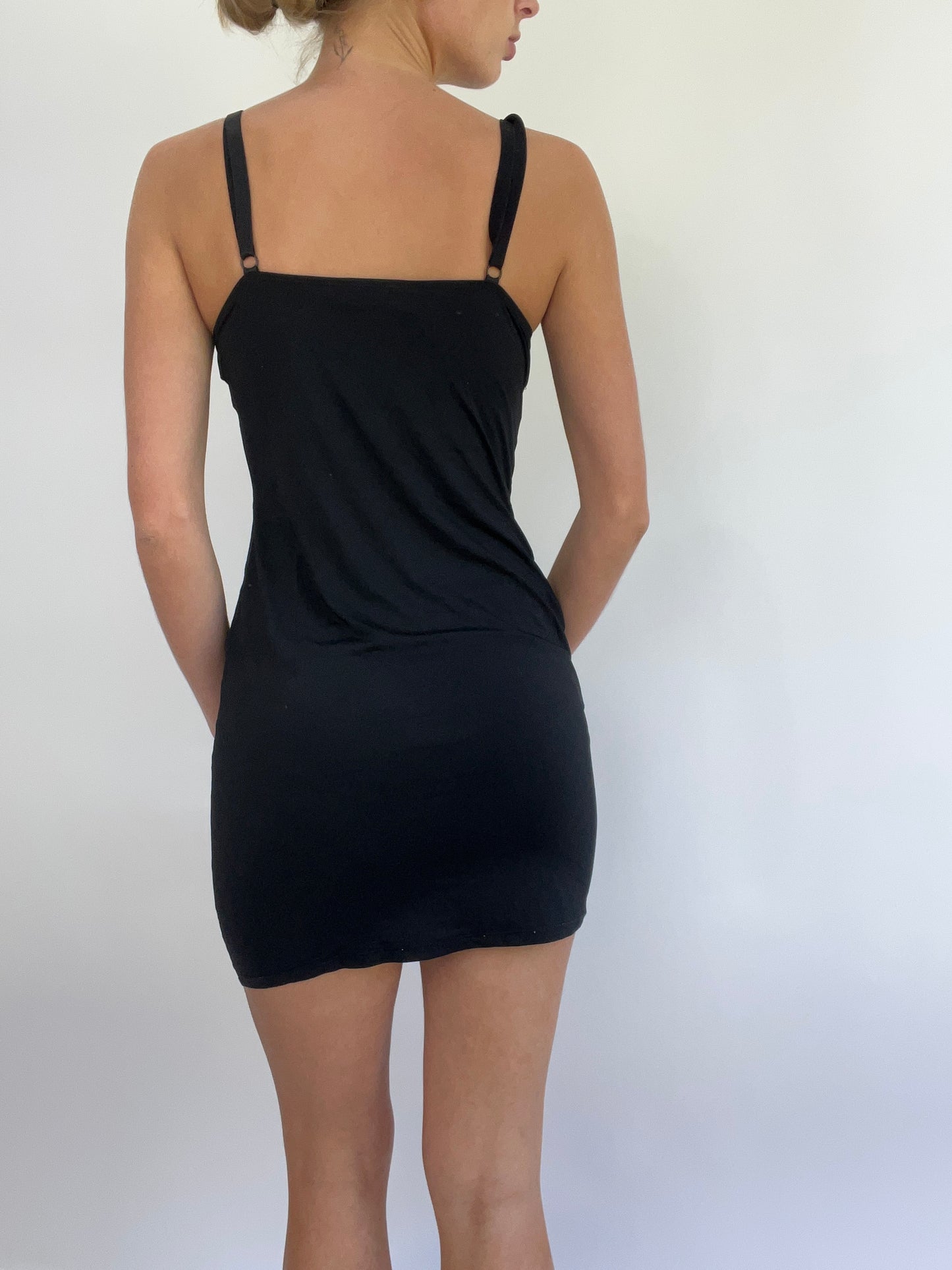 MADELINE ARGY DROP | small black mini dress with sheer panelling