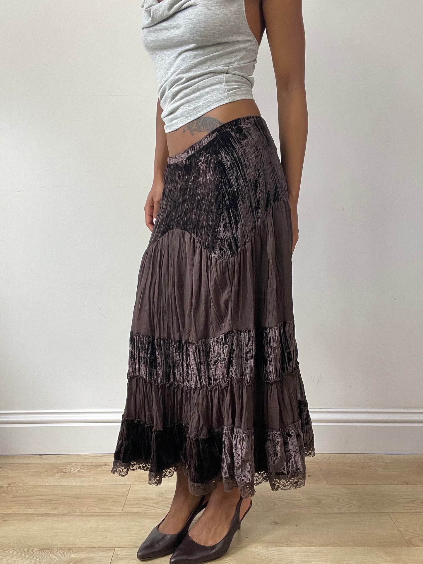 vintage edit twenty-seven | small brown tulle and velvet style maxi skirt