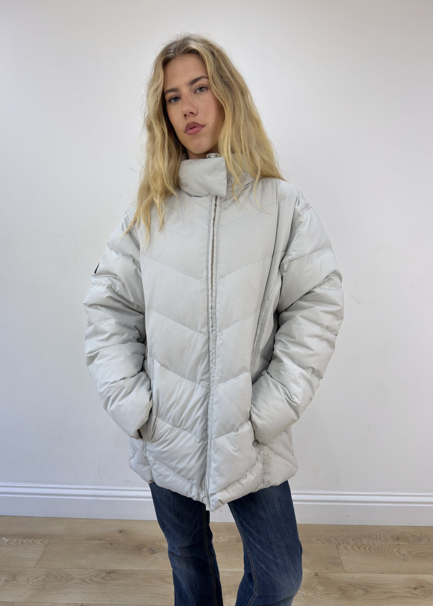 large beige/grey puffer coat