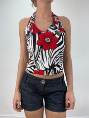 vintage edit seventeen | small black and red floral halterneck top