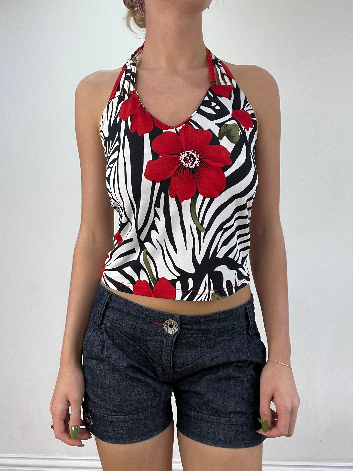 vintage edit seventeen | small black and red floral halterneck top