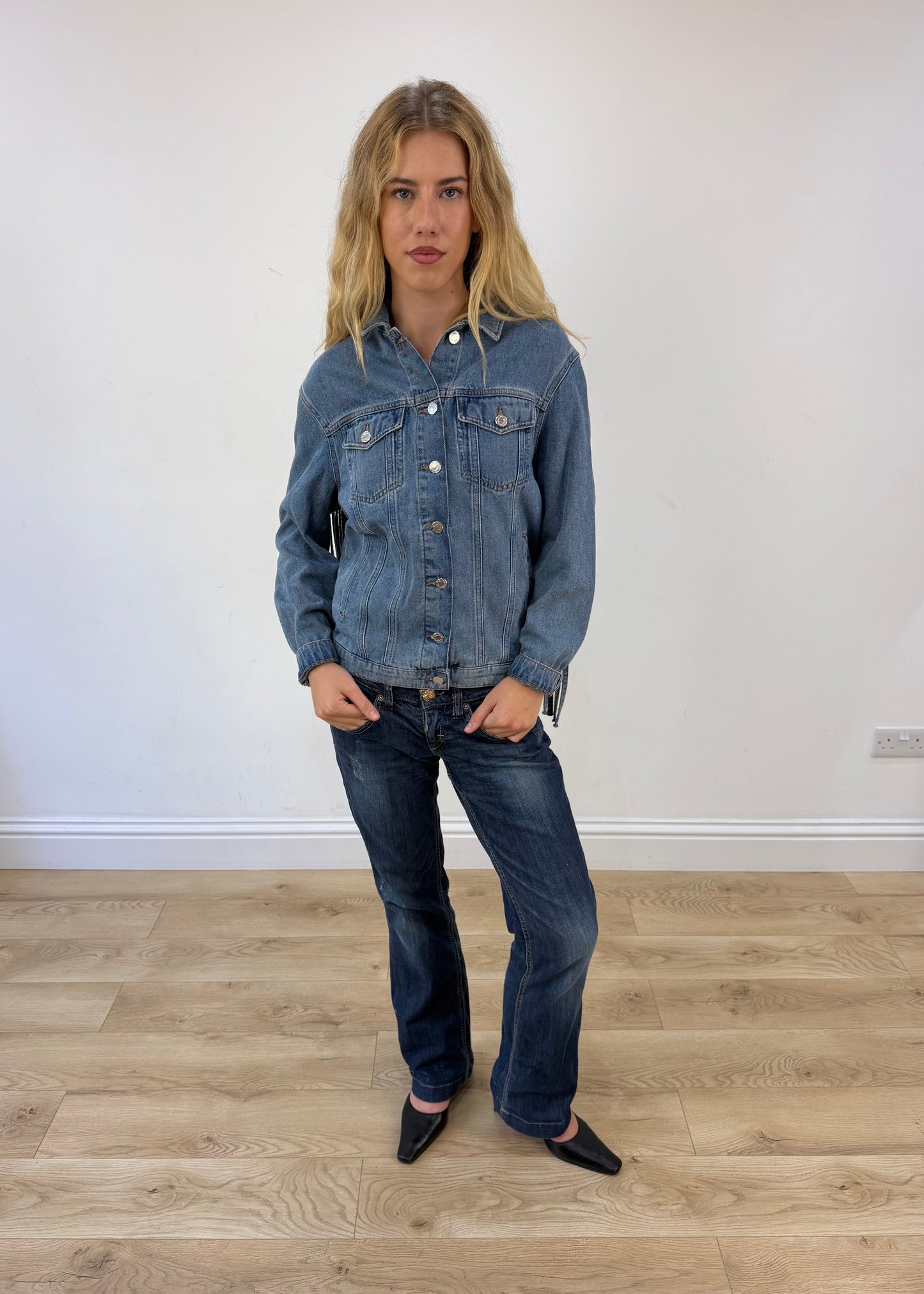 medium denim fringe jacket