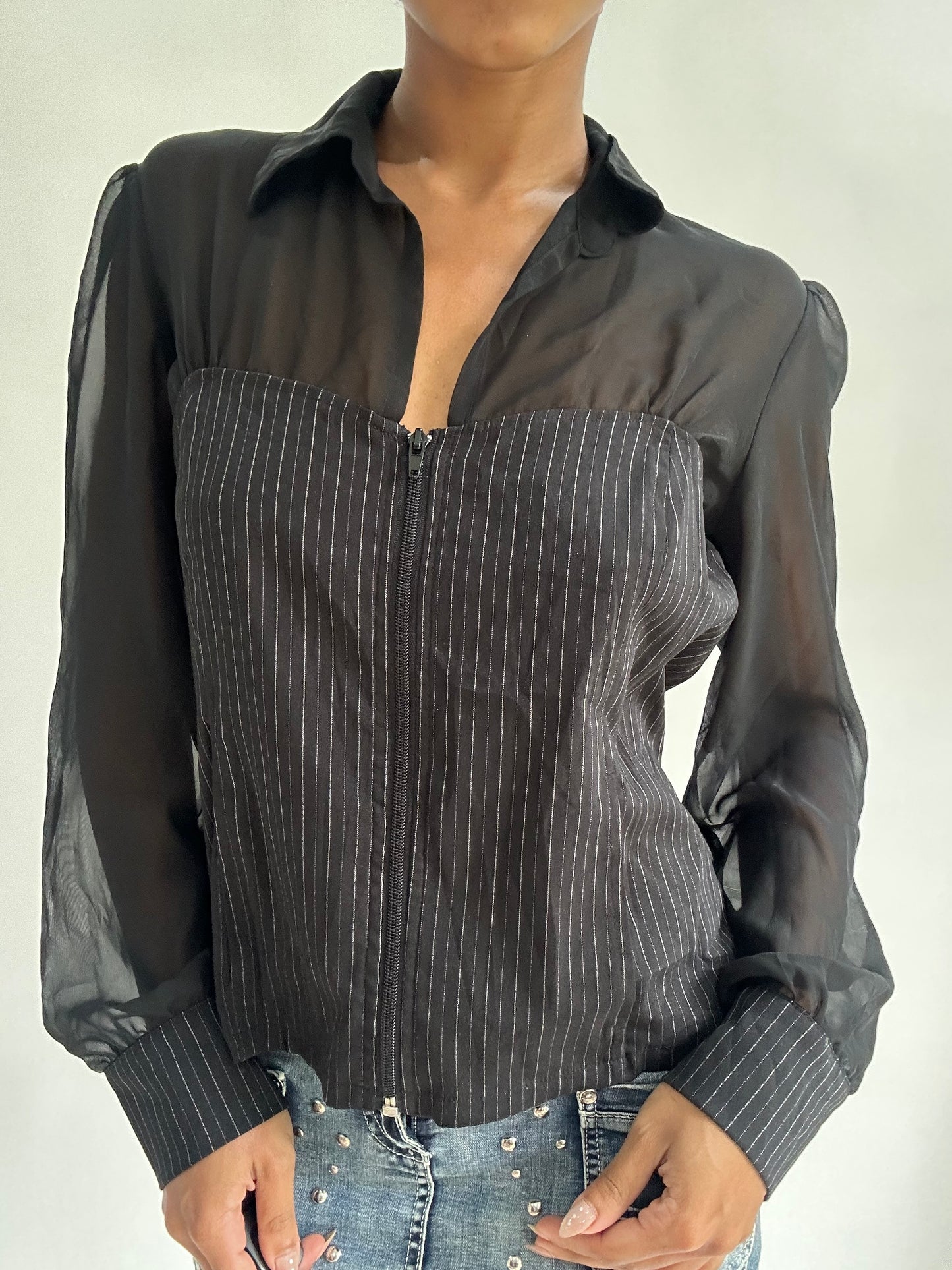 BEST PICKS | medium black sheer corset style long sleeve top