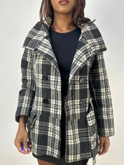 vintage edit thirty-three | small plaid checkered black and white pea coat jacket with belt