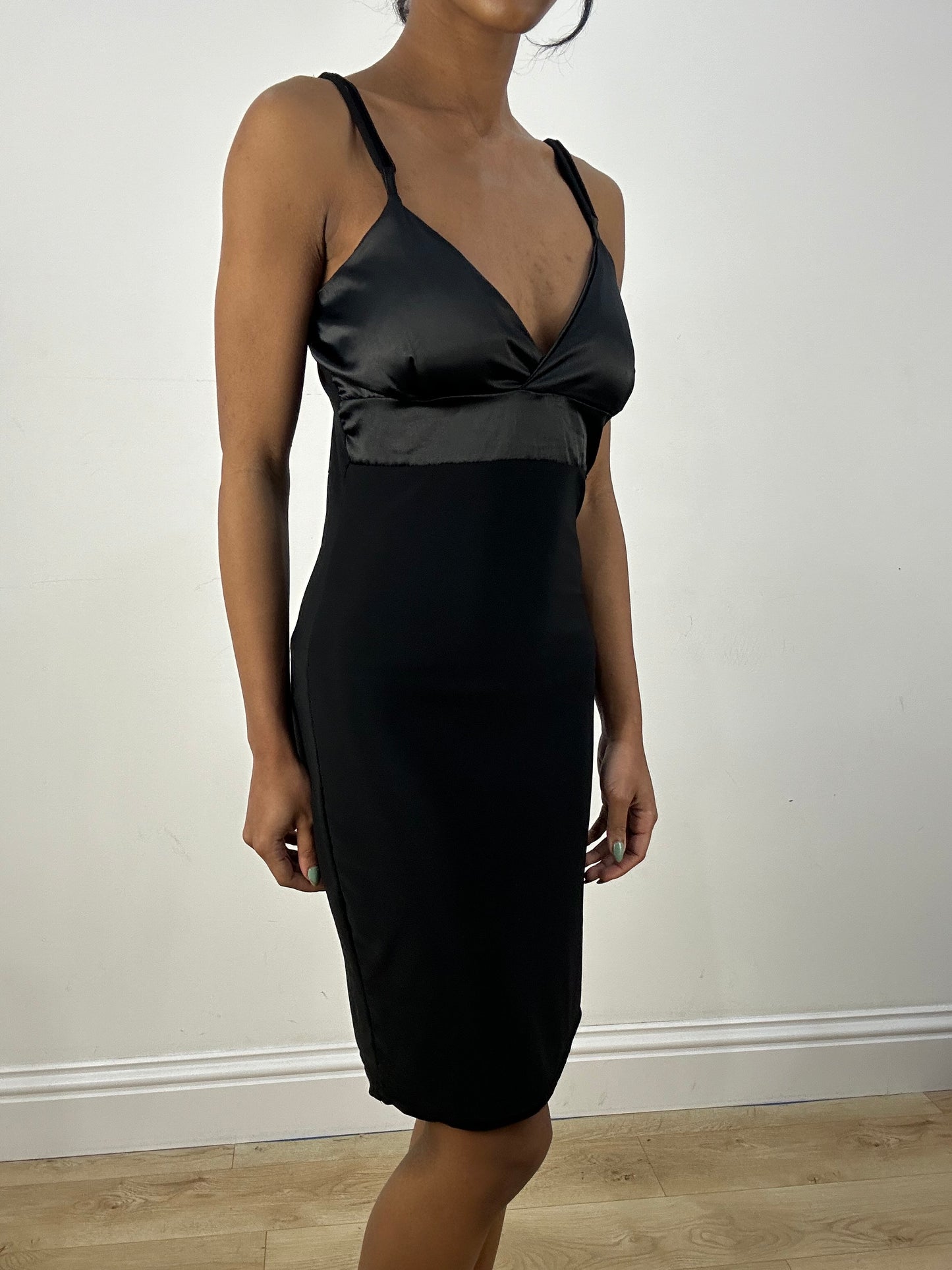 MOB WIFE DROP | small black mini dress with satin bust detail