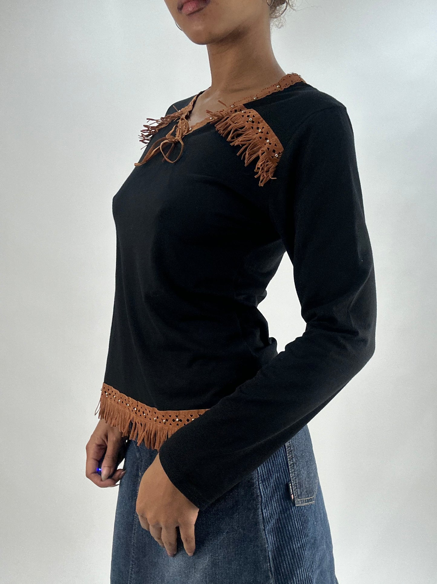 vintage edit thirty-five | medium black long sleeve top with fringe detail