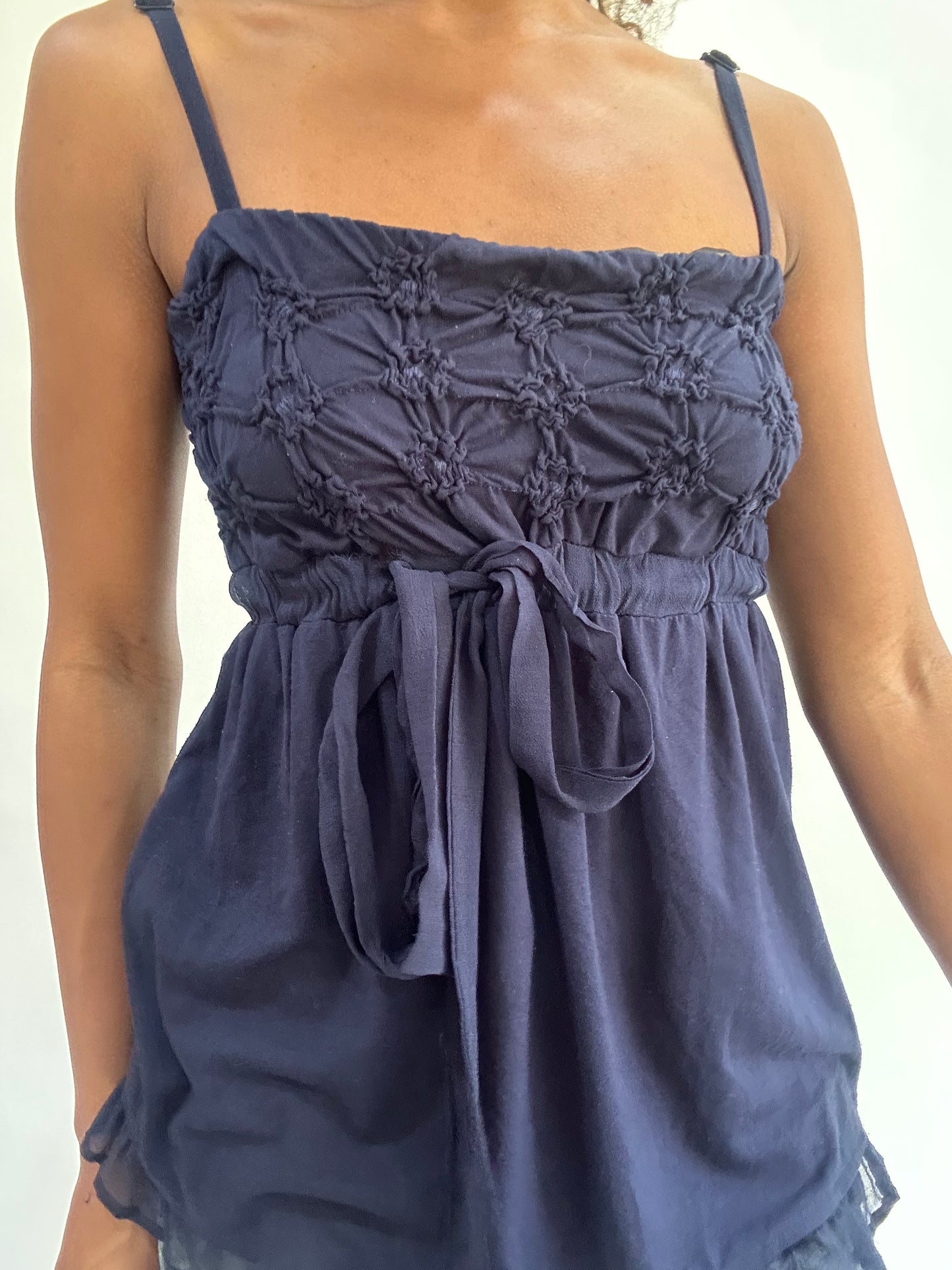 wag drop | small navy blue ruffle cami top