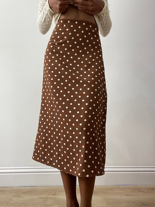 midsummer edit | extra small brown high waisted maxi skirt with polka dot print