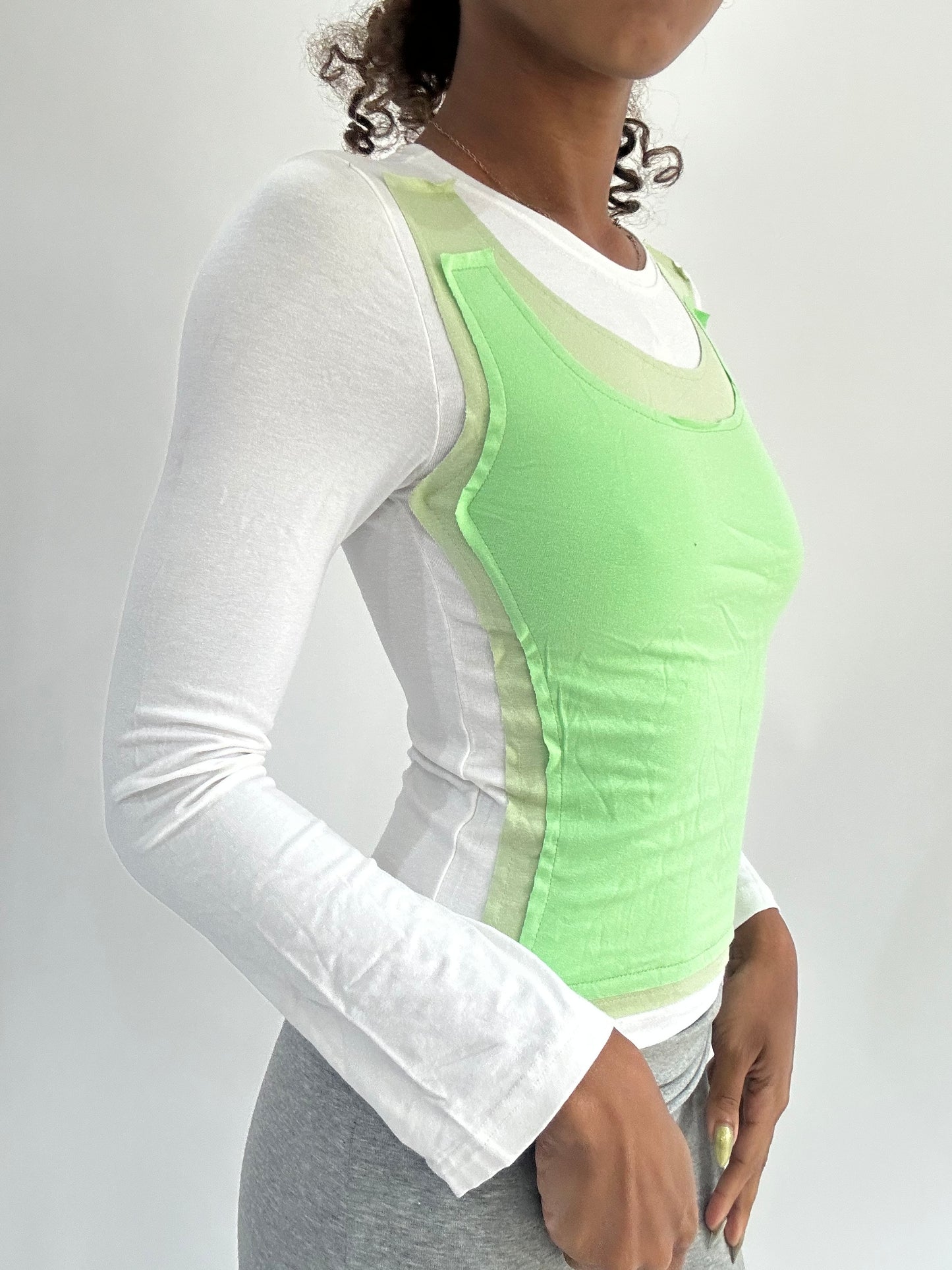 ‼️ | small white long sleeve top with green vest overlay detail