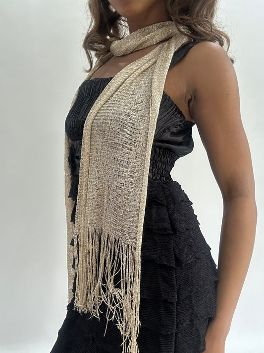 wedding guest drop | gold glittery scarf with tassel details