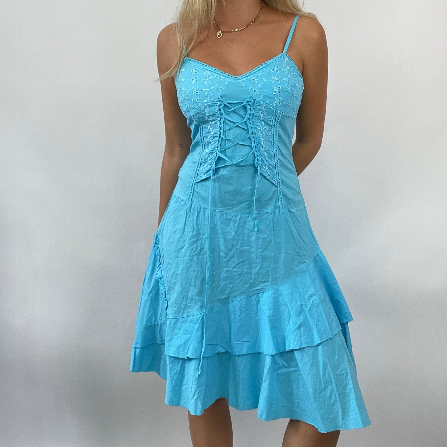 GRUNGE COQUETTE DROP | small blue ruffle dress with broderie detail
