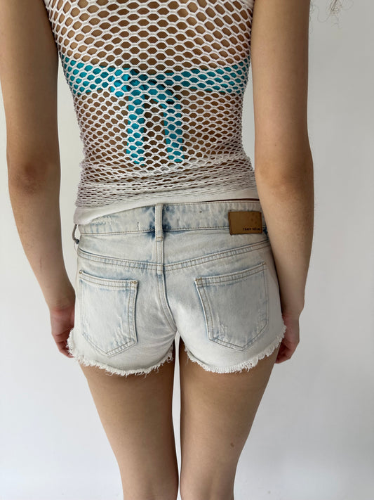 festival drop | small blue and white floral embroidery mini shorts