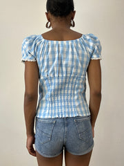 💚vintage edit twenty-six | Pequeno azul e branco estilo de leite-mão vestido feminino com impressão de gingham