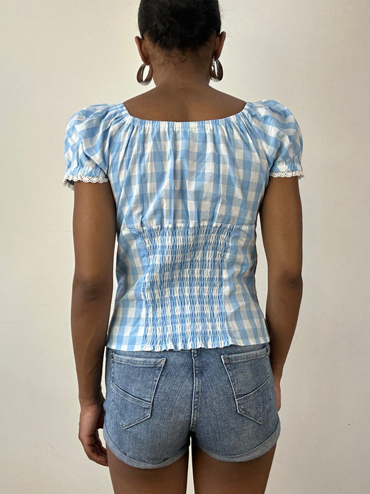 vintage edit twenty-six | small blue and white milkmaid style top with gingham print