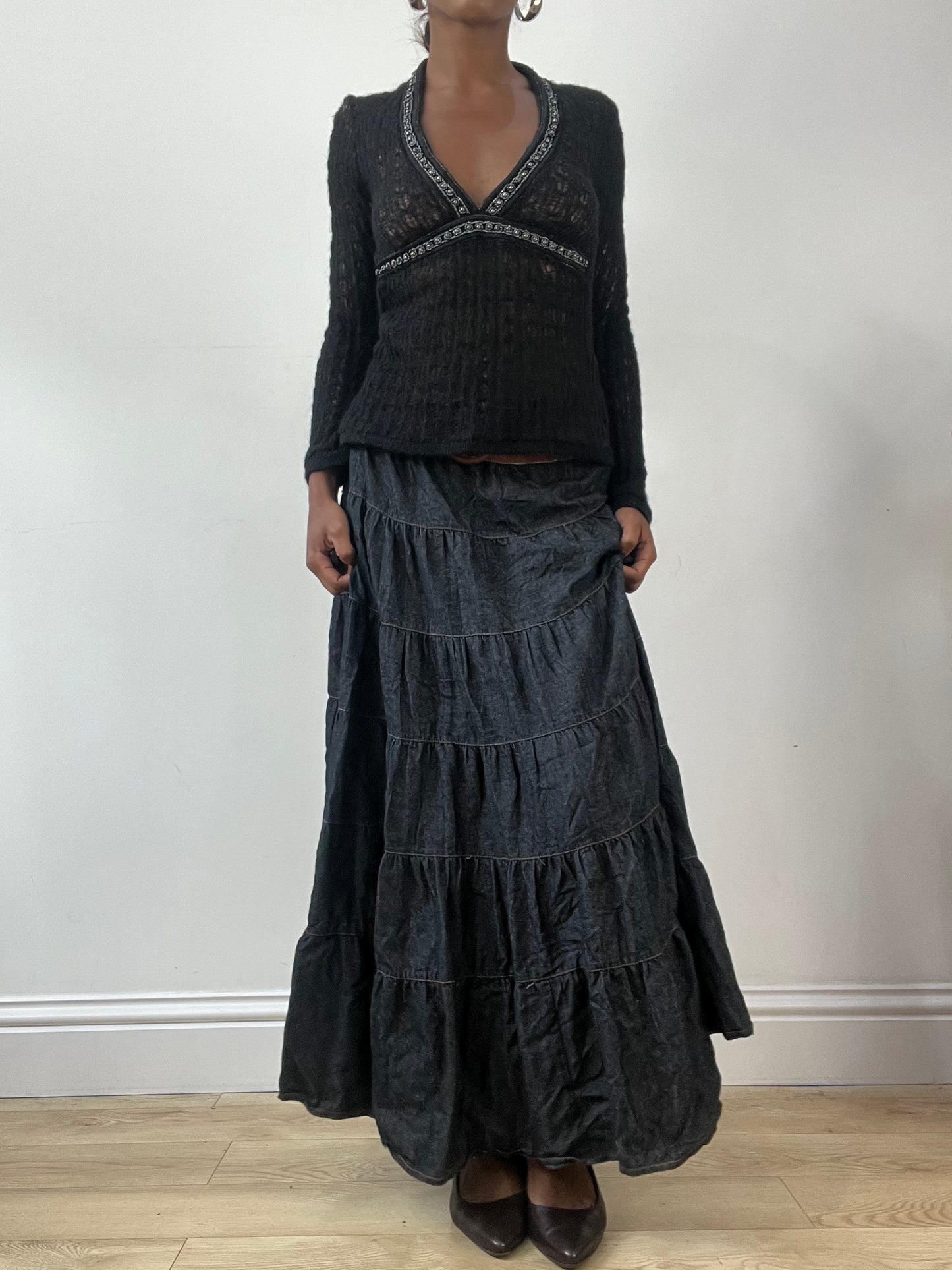 LFW edit | small black crochet knit long sleeve jumper with beaded trim