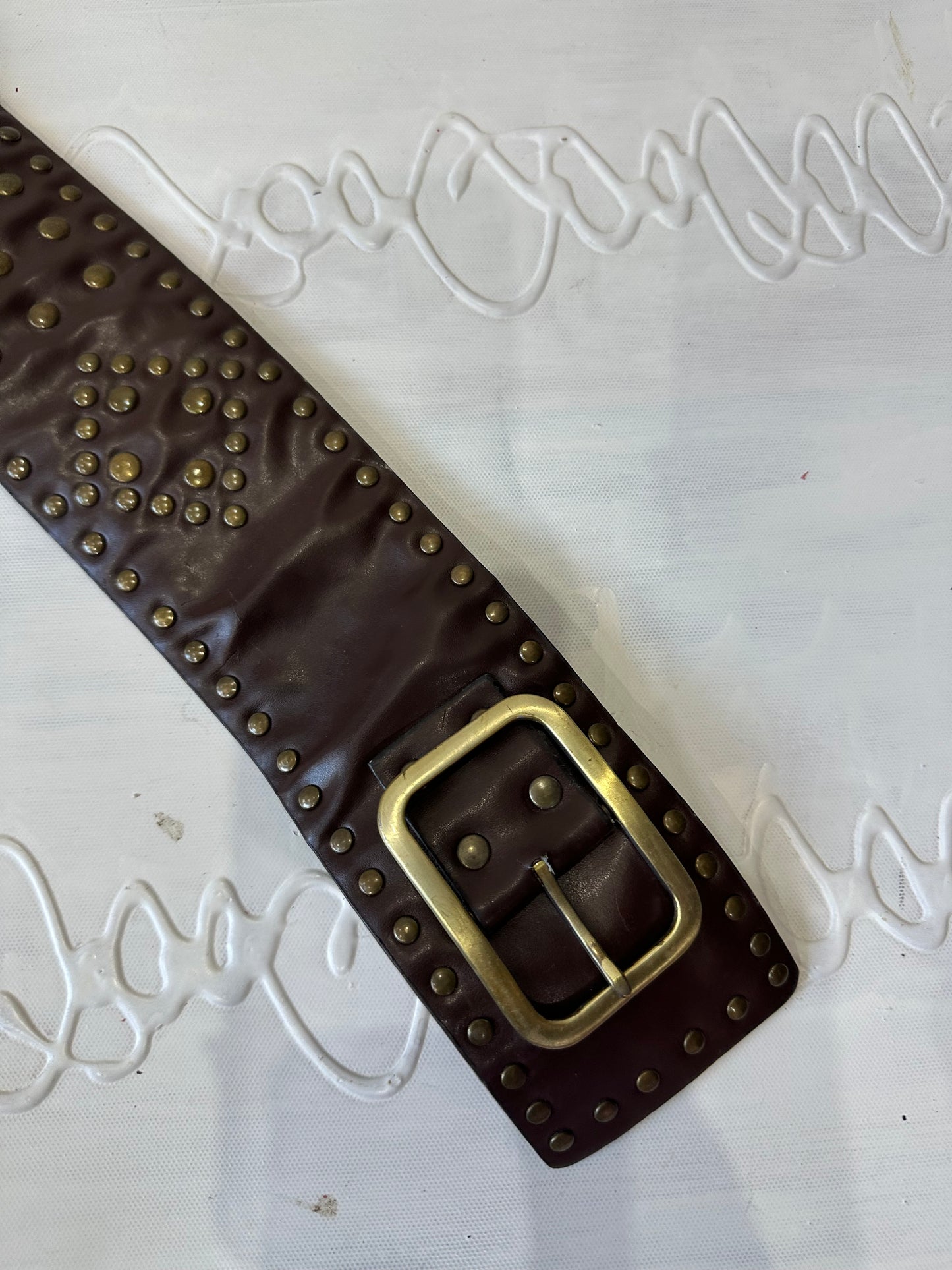 LFW edit | brown statement belt with gold studding and buckle detail