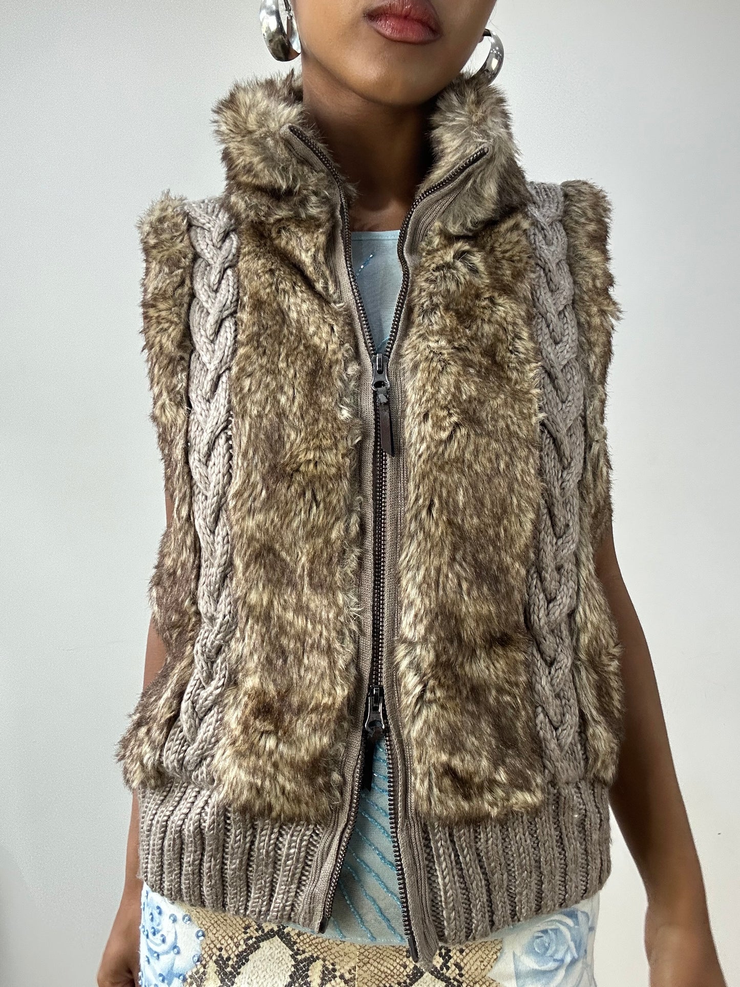 vintage edit thirty-two | small brown faux fur gilet with knitted detail