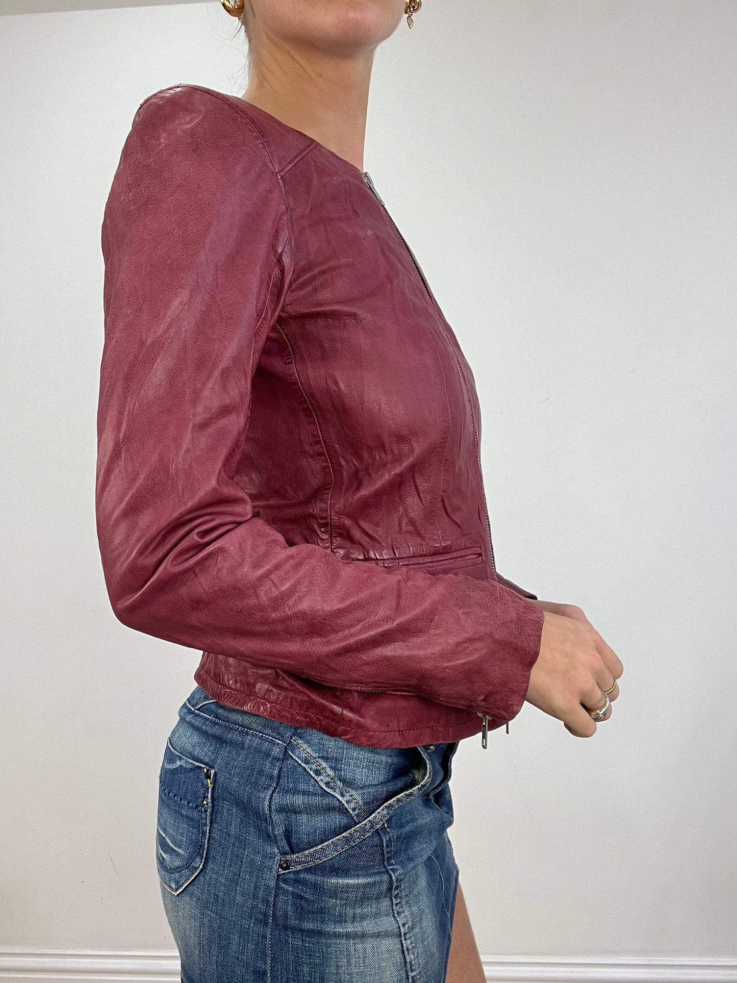 💚 BEST PICKS | small burgundy real leather zip up jacket