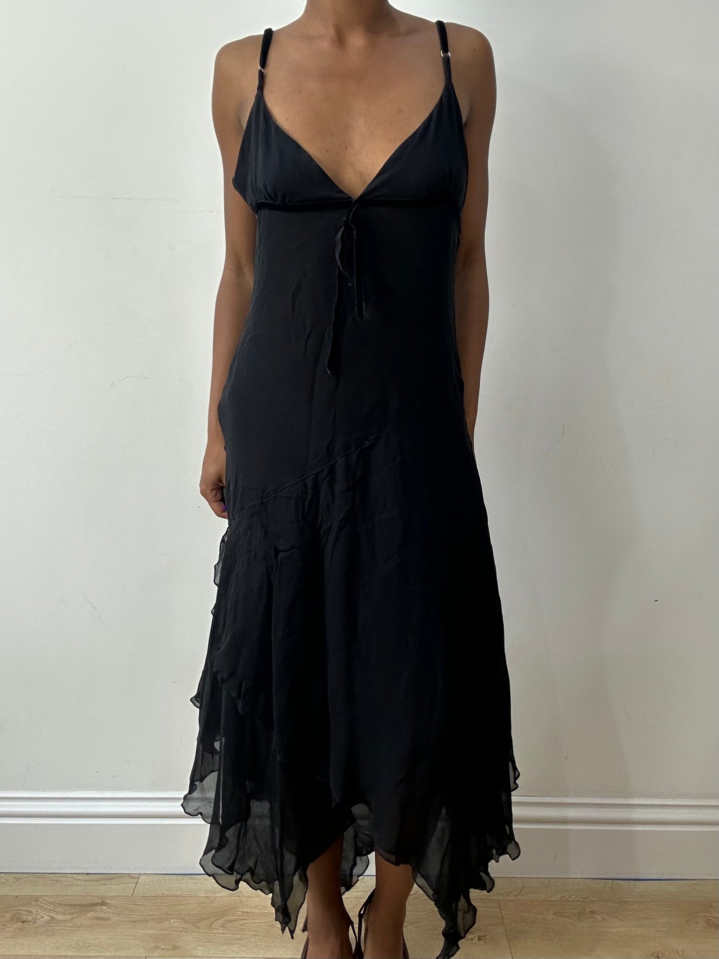 midsummer edit | medium black maxi dress with asymmetric trim