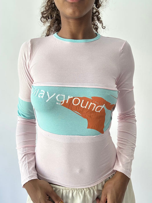 ‼️ | small pink long sleeve top with ‘playground’ writing