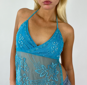 💻⭐️ Blaues Diamanté-Backless-Top-Festival-Top