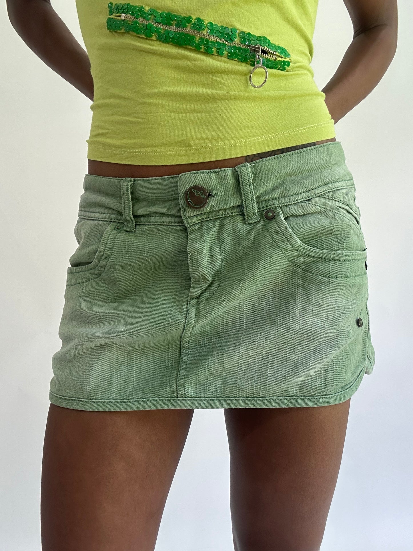 colourmaxxing drop | small/medium green denim mini skirt