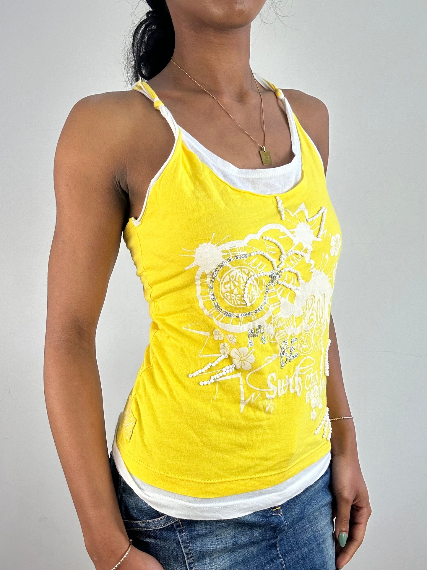 vintage edit: tops | medium yellow and white cami top with sequins and beach print
