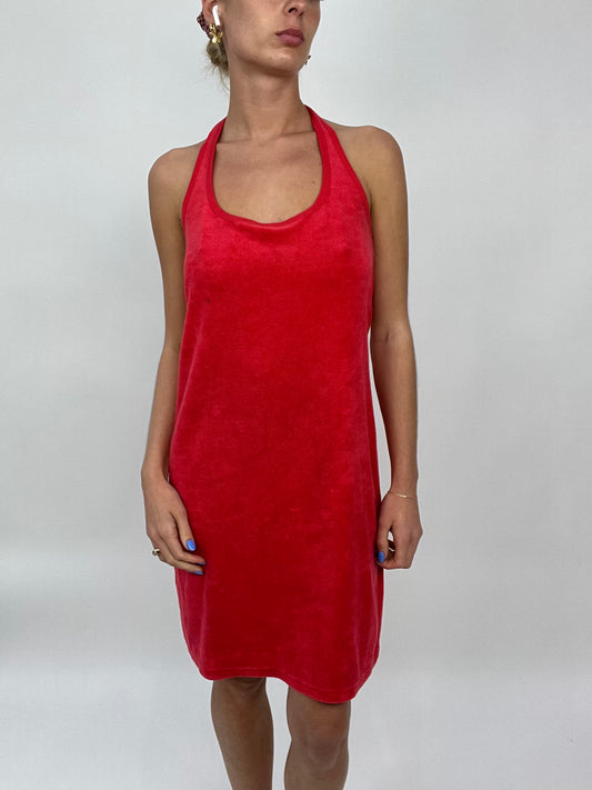 COCONUT GIRL DROP | medium red halterneck dress in towelling material