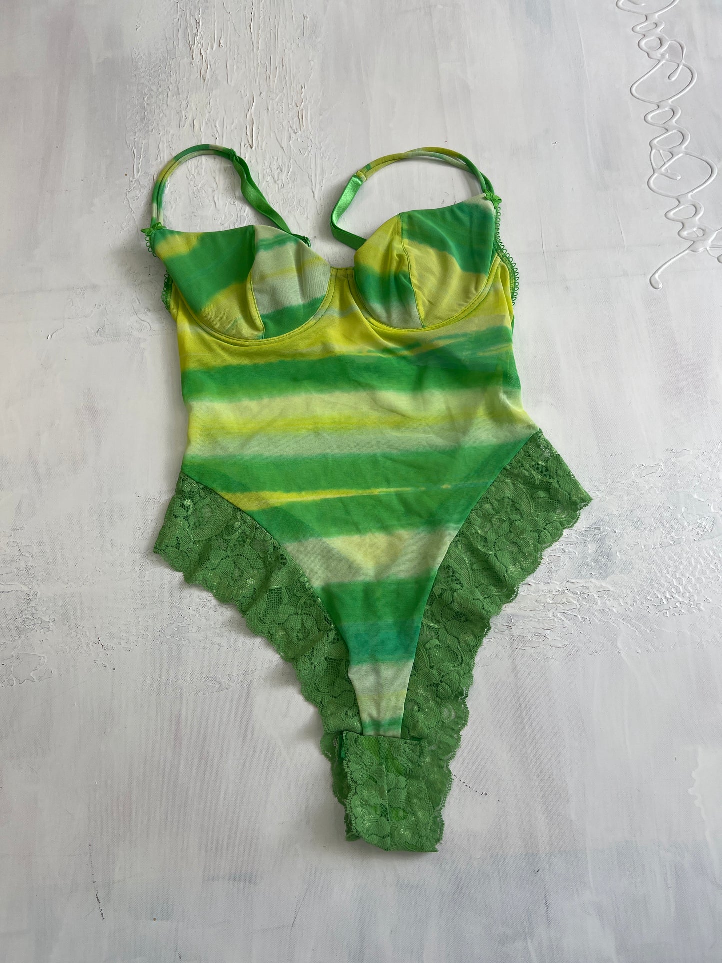 BRITISH SUMMER GIRL DROP | small green and yellow mesh bodysuit