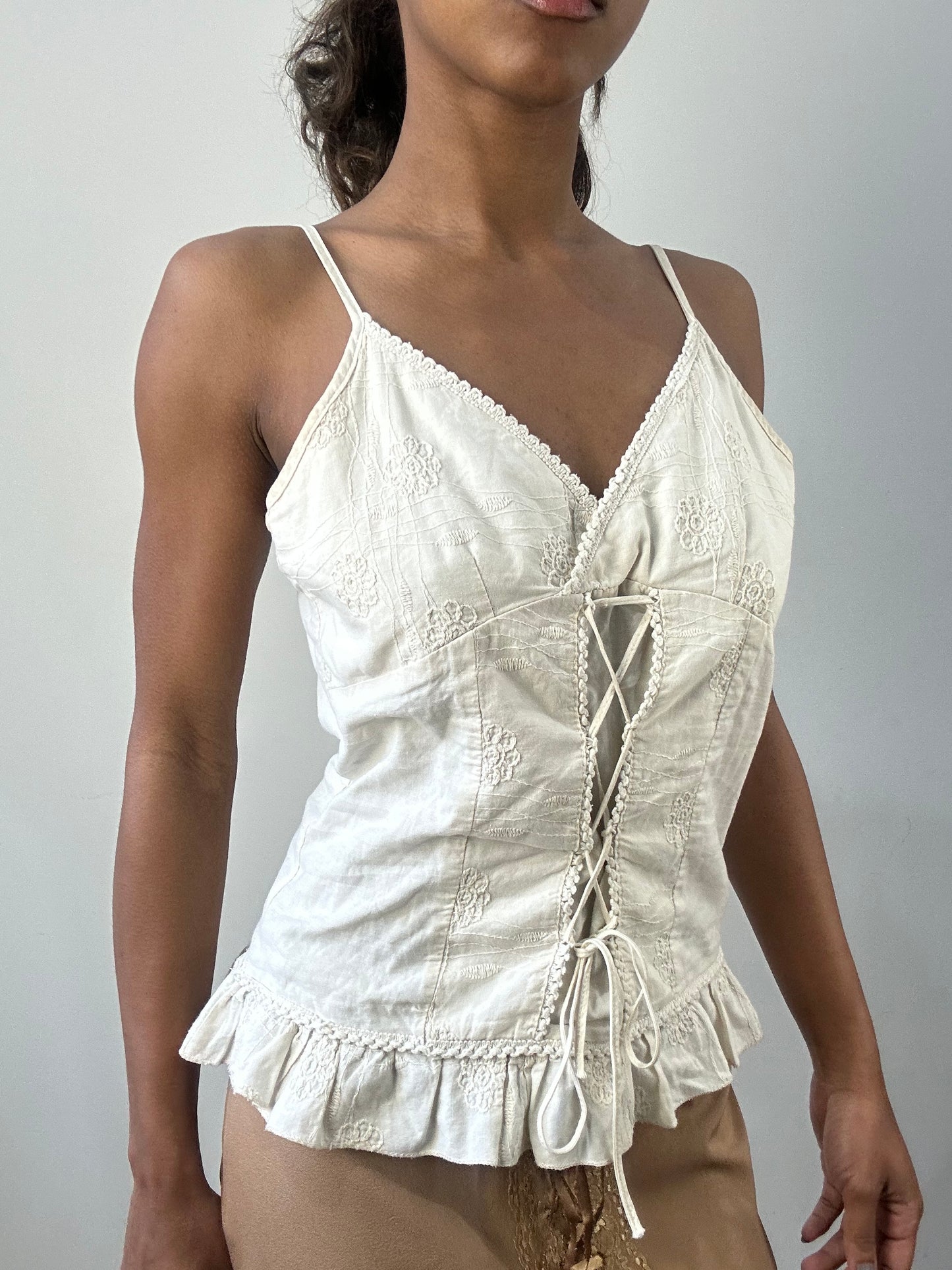 romantic grunge edit | medium cream cami top with lace up detail