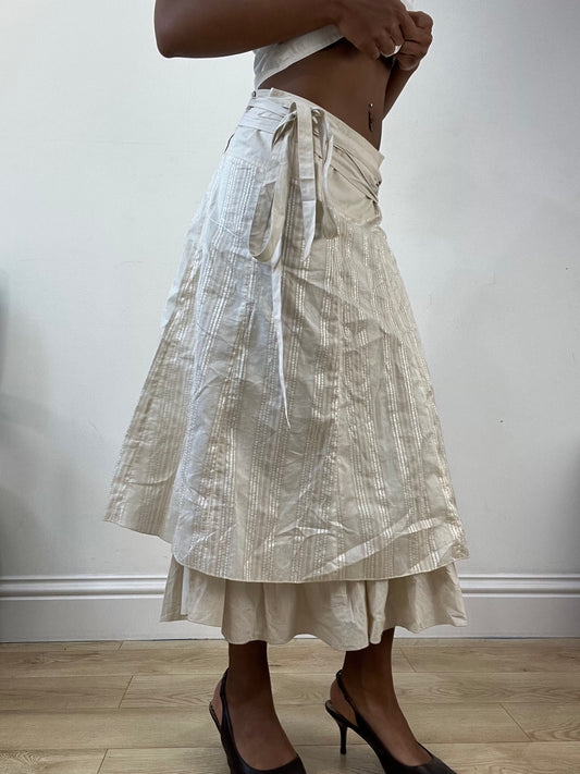 AUTUMN EDIT | medium cream tiered midi skirt with pinstripes