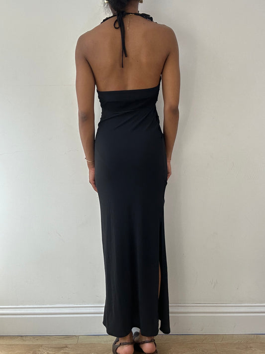 vintage edit twenty-one | small black ruffle halterneck maxi dress