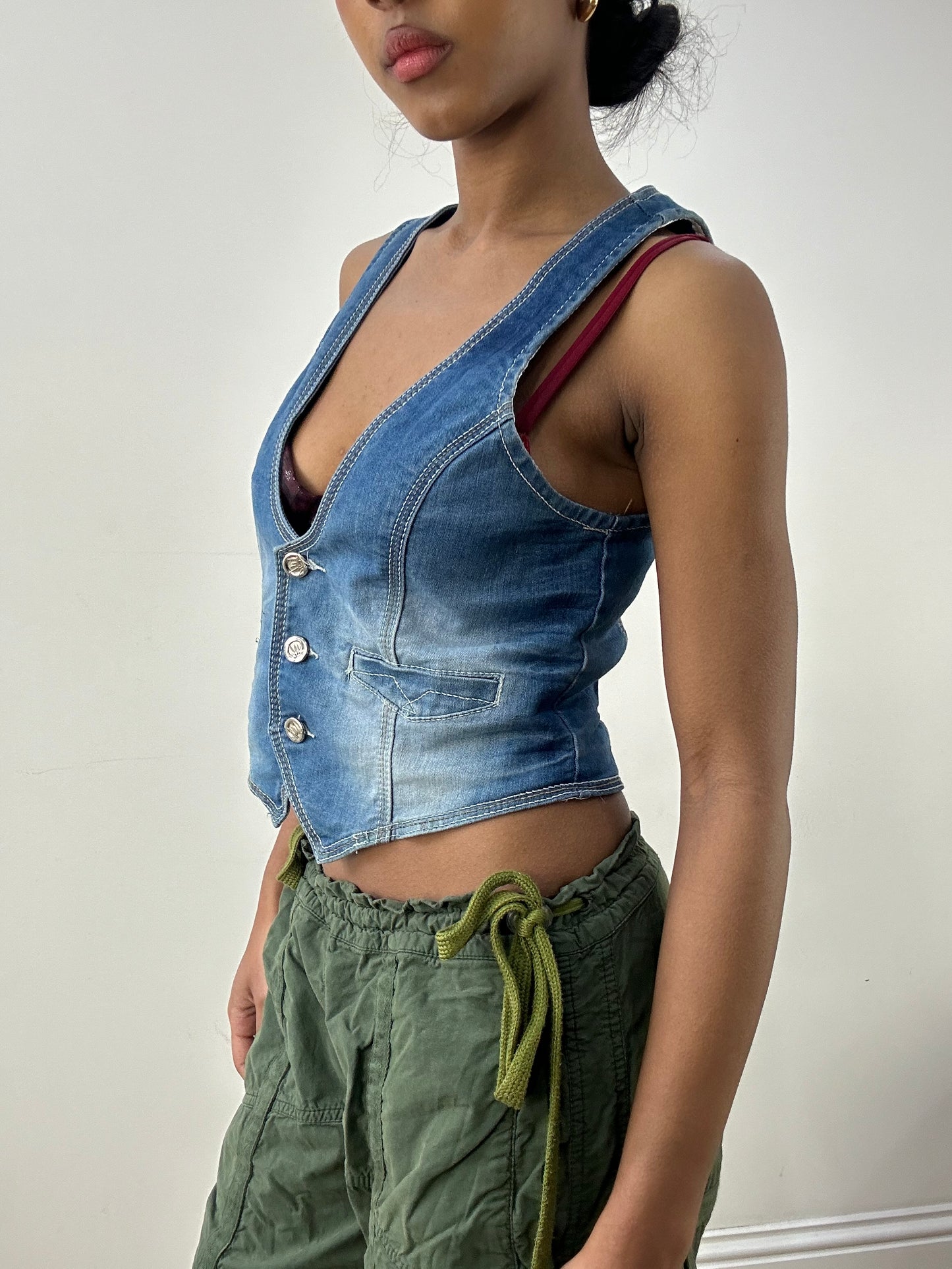 HIPPY CHIC DROP | medium denim waistcoat with back buckle detail