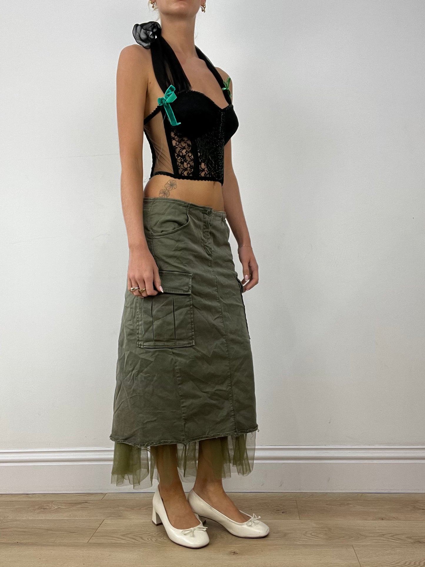 💻HALLOWEEN | medium khaki denim and mesh maxi skirt