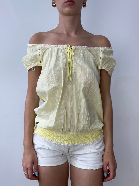 vintage edit thirty | small yellow linen off the shoulder milkmaid style top