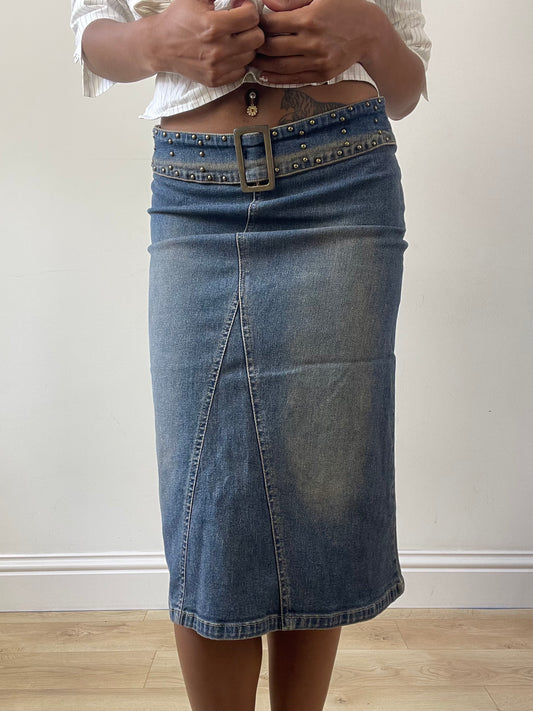 vintage edit twenty-seven | extra small blue denim mini skirt with built in buckle belt