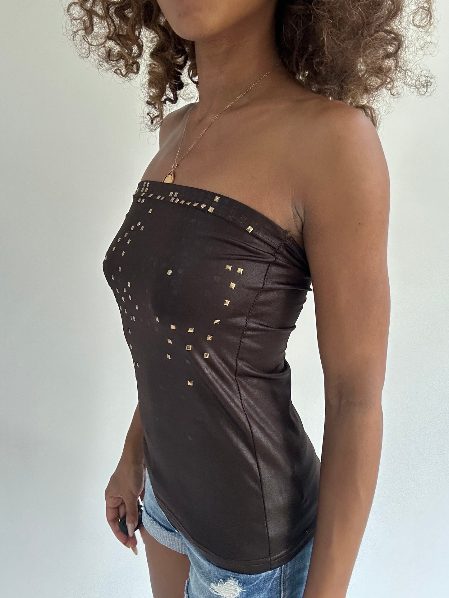 euro trash | small brown strapless top with gold stud detail