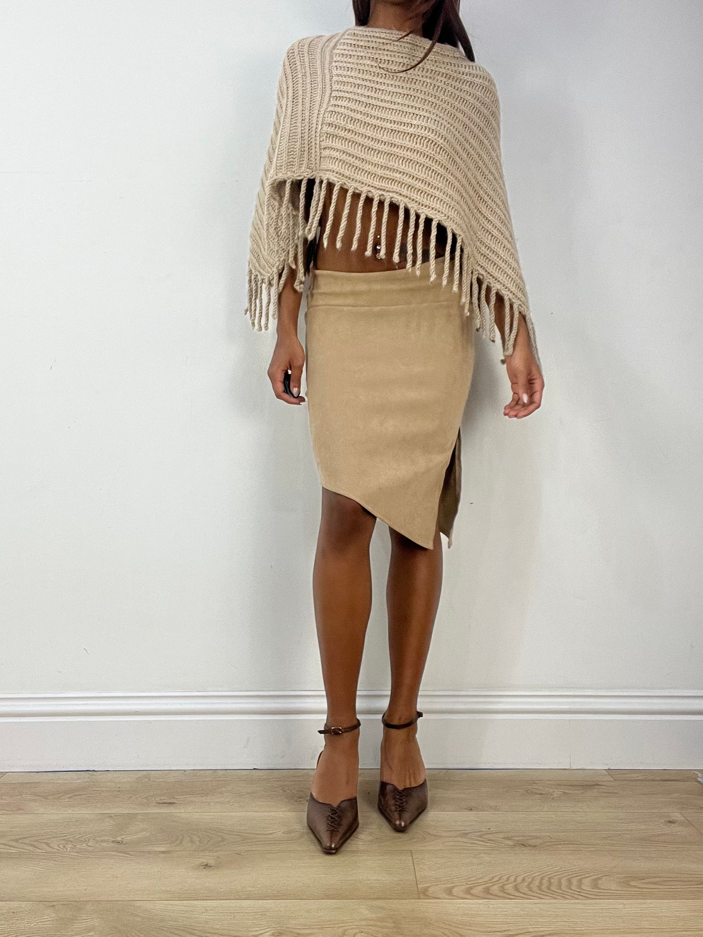 vintage edit thirty-three | small beige knit poncho with tassel fringe