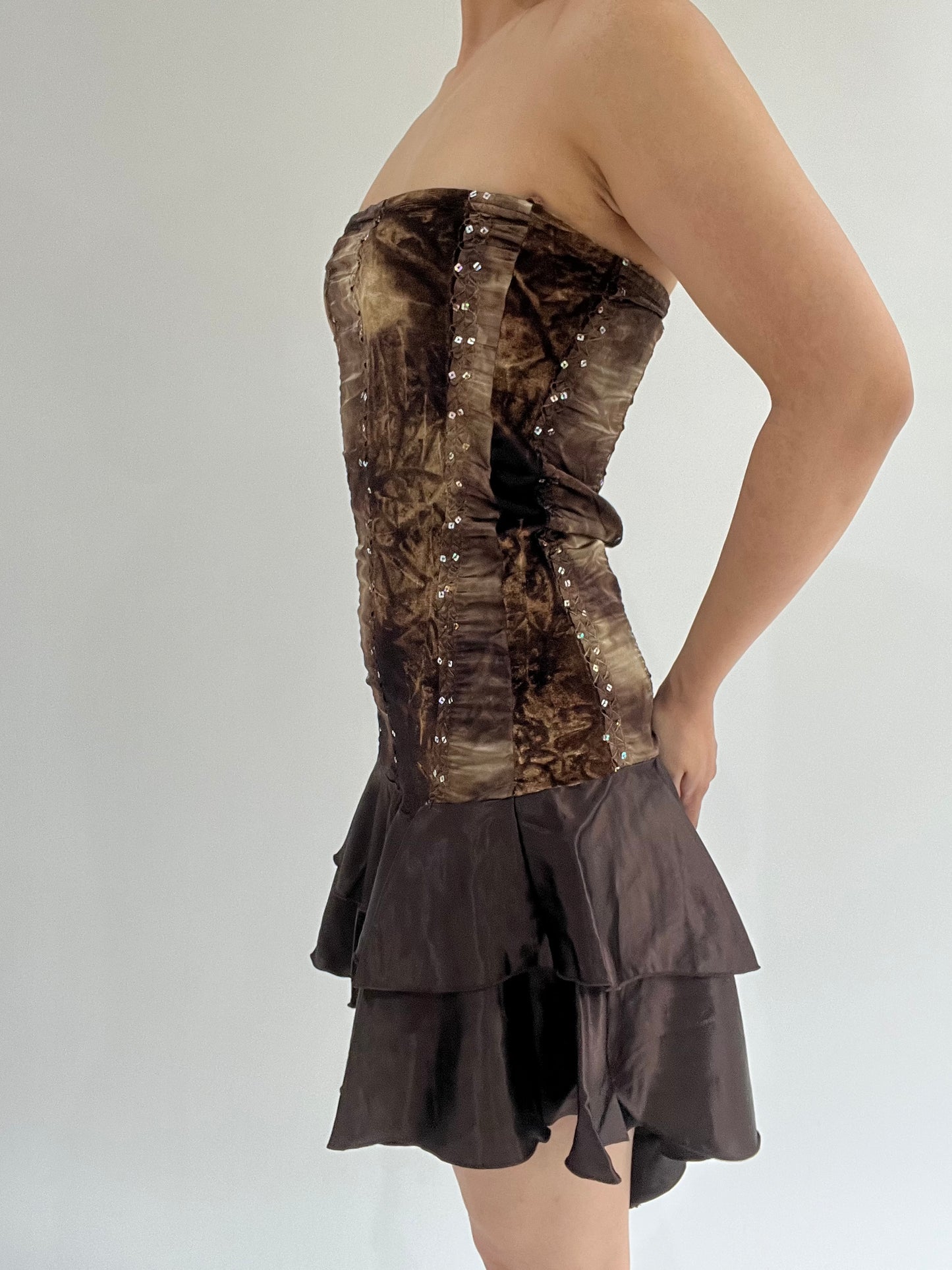 ‼️ medium brown sequin pattern bandeau dress