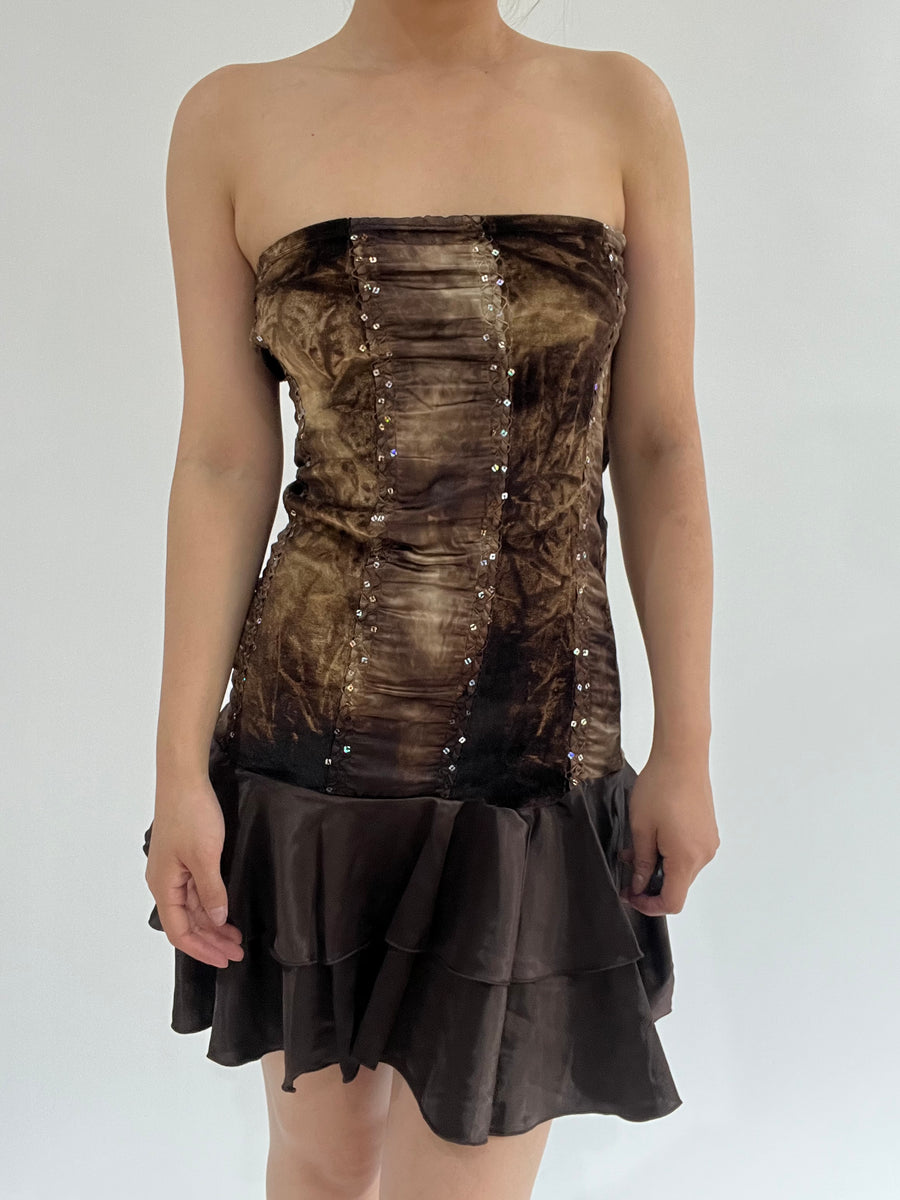 ‼️ medium brown sequin pattern bandeau dress