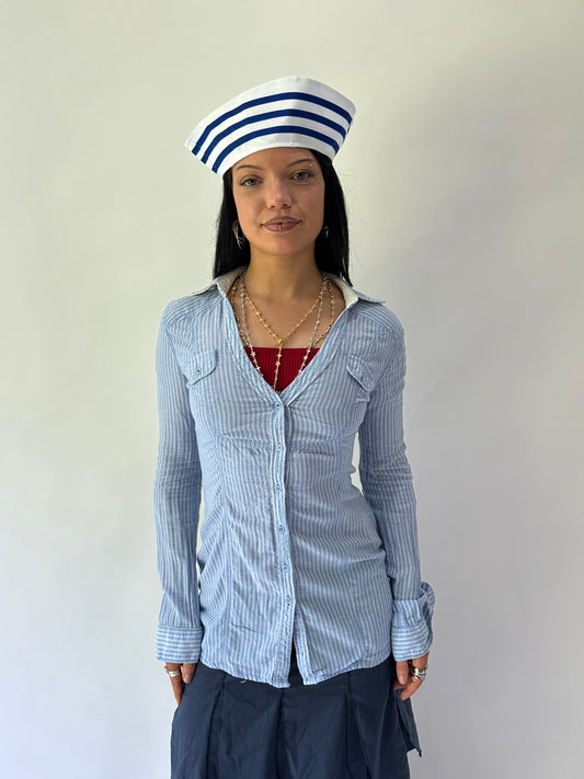 sailor drop | extra small blue pinstripe button up top