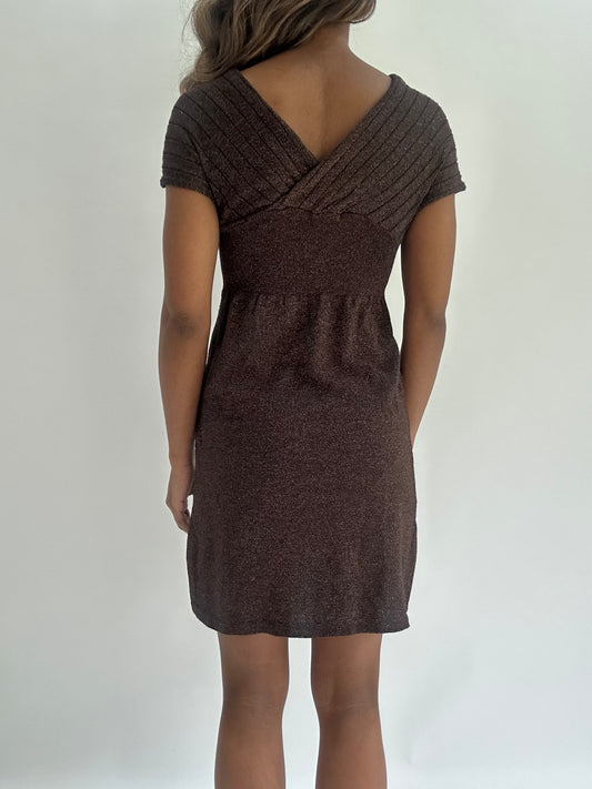 wedding guest drop | small brown glittery mini dress