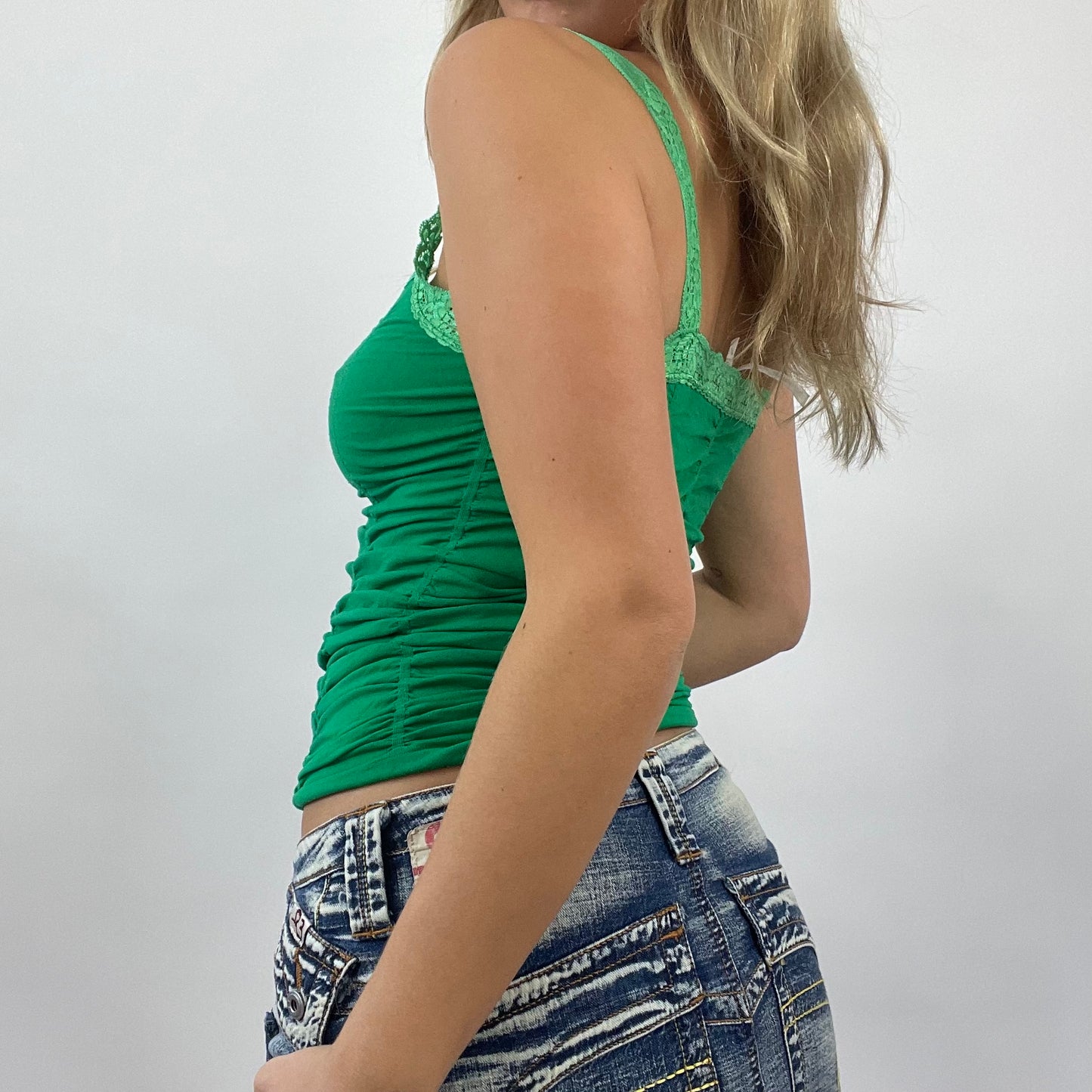 JEANS AND A NICE TOP DROP | small green ruched top with lace trim